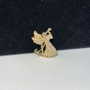Monet Angel Brooch Pin Clear Rhinestones Gold Tone Signed Monet 1.25” Angel Horn
